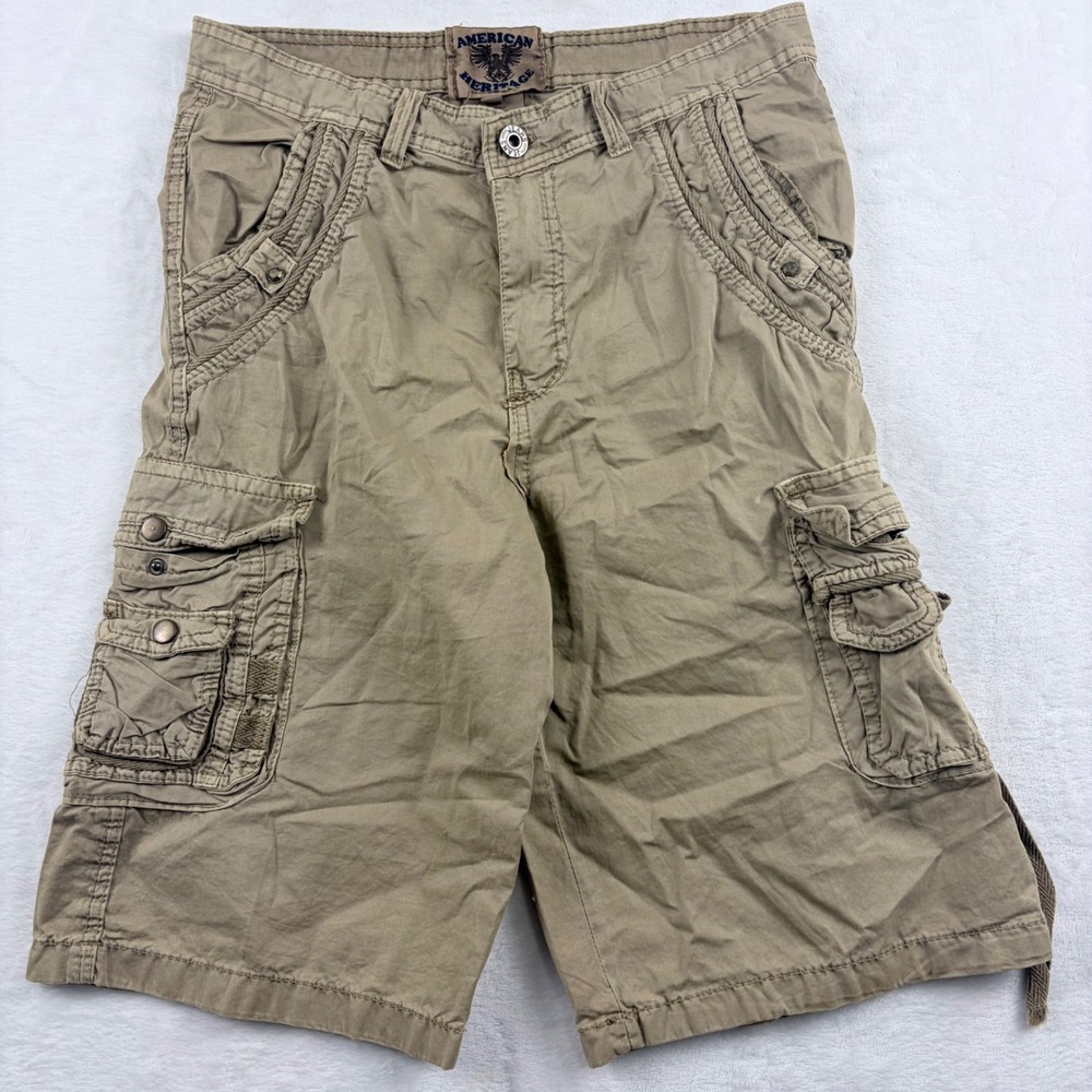 American Heritage Cargo Shorts‎ Khaki Tan Multi-Pocket Braided Trim Size 16